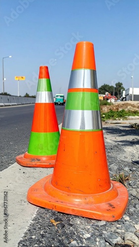Wallpaper Mural Two vibrant orange and green traffic cones stand prominently on a roadside, signaling caution and directing flow under a clear sky. Torontodigital.ca