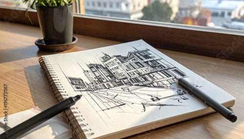 Wallpaper Mural Urban Sketching - Detailed Cityscape Drawing in a Sketchbook by a Window. Torontodigital.ca