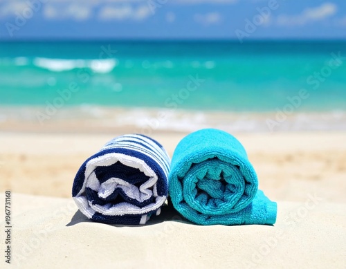Wallpaper Mural Two rolled beach towels, one striped and one solid blue, resting on a sandy beach with the turquoise ocean and sky in the background, evoking a sense of relaxation and vacation. Torontodigital.ca