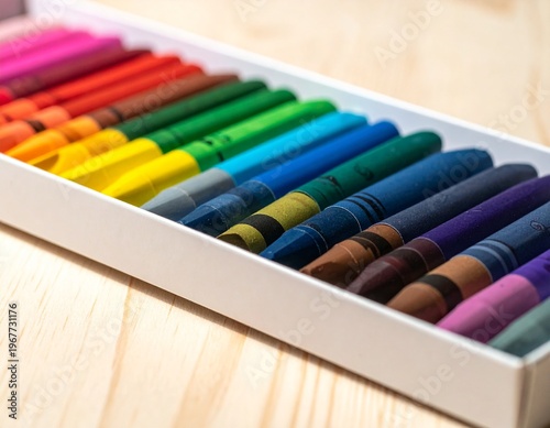 Wallpaper Mural Vibrant Box of Colorful Crayons Neatly Arranged on a Wooden Surface. Torontodigital.ca