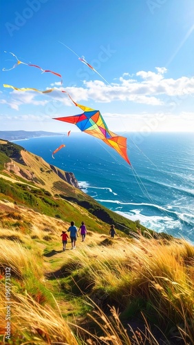 Wallpaper Mural Vibrant Kite Soaring Over Coastal Cliffs with People Enjoying the Scenic Ocean View. Torontodigital.ca