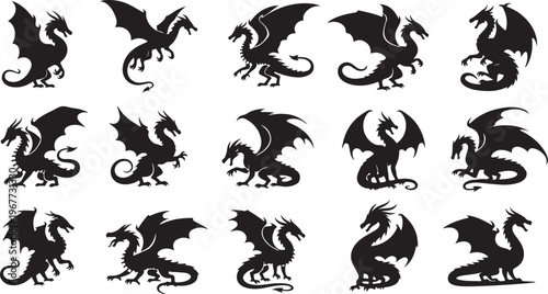 Collection of various dragon silhouettes in different poses and styles