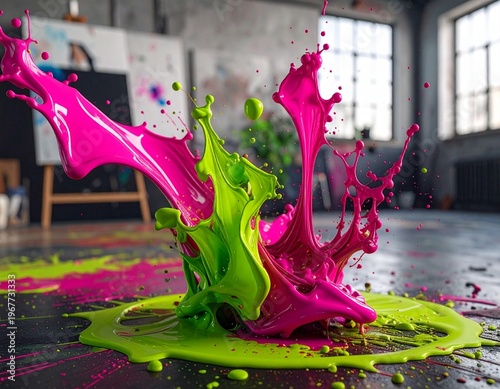 Wallpaper Mural Vibrant Neon Paint Splashes in an Art Studio. Torontodigital.ca