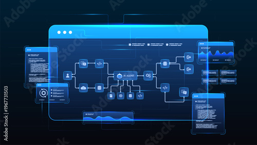 AI workflow automation artificial intelligence. ai agent network diagram dashboard machine learning architecture data pipelines, coding panels, analytics panels and automation system.