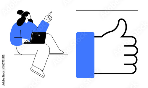 Positive feedback concept. Positive feedback ed by a thumbs-up symbol and a woman with a laptop. Positive feedback enhances user experience and online communication. For digital marketing, social