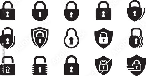 Security icons set with locks and shields on white