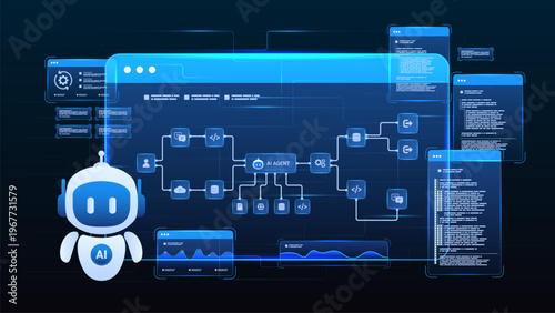 AI workflow automation artificial intelligence. ai agent workflow diagram dashboard machine learning with flow process, coding, and processing system.