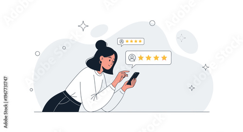 Woman using smartphone to leave online reviews and ratings on a mobile app