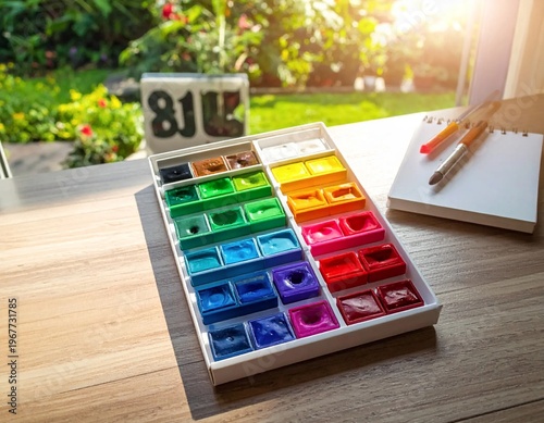 Wallpaper Mural Vibrant Watercolor Paint Set on a Wooden Table by a Sunny Window. Torontodigital.ca