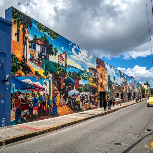 Wallpaper Mural Vibrant Street Mural Depicting a Lively Market Scene in a Colorful Town. Torontodigital.ca