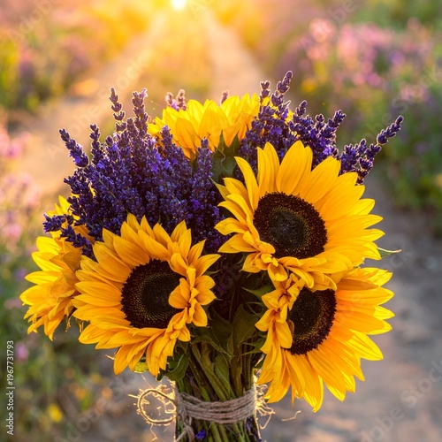 Wallpaper Mural Vibrant Sunflower and Lavender Bouquet in Golden Hour Sunlight. Torontodigital.ca
