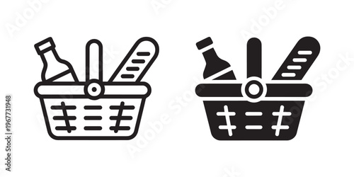 Grocery Basket with Food Icon Set Line and Solid Style- Supermarket Shopping, Fresh Food, Market Basket, Retail Store, Grocery Delivery Vector Illustration