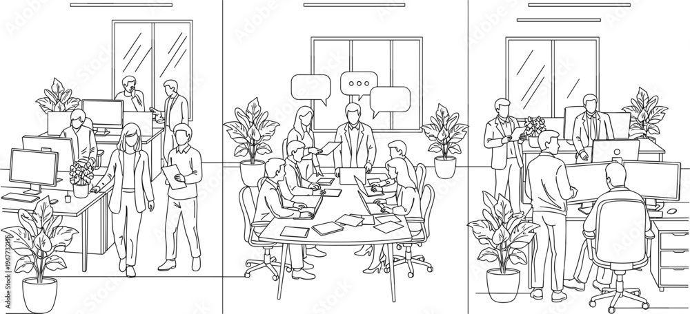 Fototapeta premium Detailed black and white line art vector illustration of professional office scenes featuring employees working and collaborating.