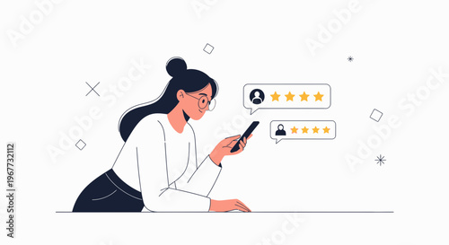 Woman using smartphone to give online reviews and star ratings, feedback concept