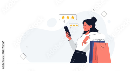 Woman checking phone with star ratings, shopping bags, online shopping review concept