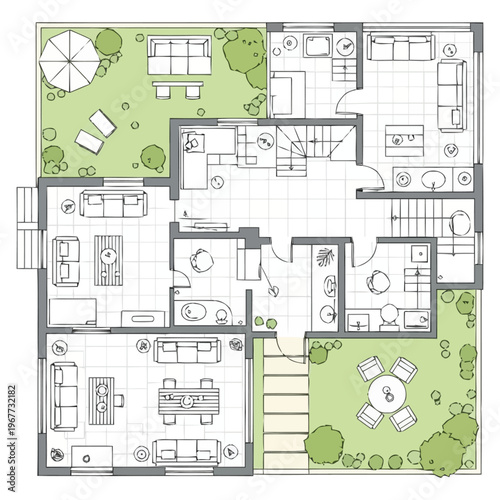 Architectural Top Down View Of A Modern Family Home Floor Plan With Furniture And Outdoor Garden Space furniture icons interior design architecture