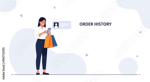 Woman Checking Order History on Phone with Shopping Bags