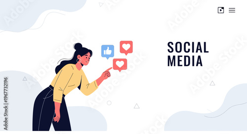 Woman Interacting with Social Media Icons: Likes and Hearts