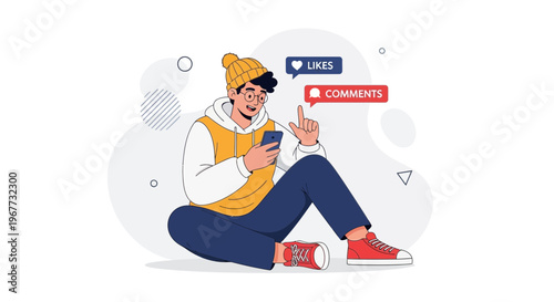 Young man using smartphone, receiving likes and comments notifications, social media engagement