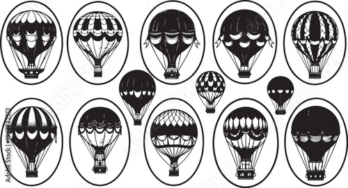 Hot air balloons in various patterns and designs illustration