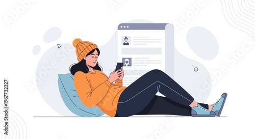Young woman in beanie using smartphone while relaxing on pillow, digital profile page background