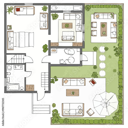 Modern Residential Architectural Floor Plan Layout With Interior Furniture And Outdoor Living Space Detailed Design Blueprint Showing Room