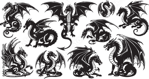 Collection of various dragon silhouettes in different poses and styles