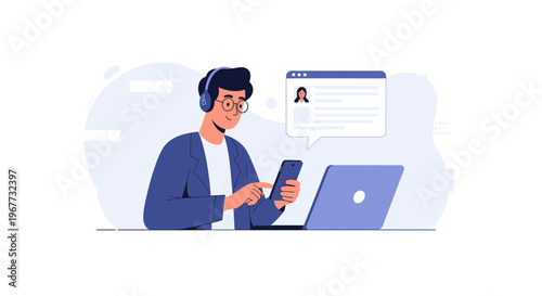 Man with headphones and phone, laptop, online communication, remote work concept