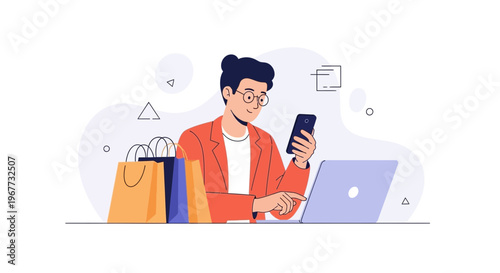 Man shopping online with laptop and smartphone, shopping bags nearby