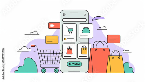 Mobile Shopping Concept with Cart, Bags, and Product Display Elements