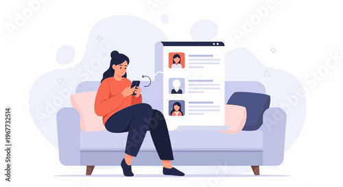 Woman on sofa using smartphone browsing profiles on screen, online dating concept
