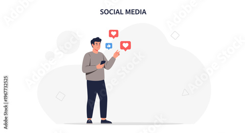 Man using smartphone with social media likes and hearts icons floating around him