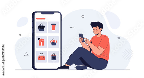 Man using smartphone for online shopping, browsing products on mobile app, e-commerce concept