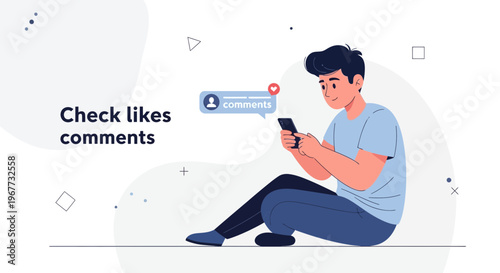 Young man checking social media notifications on his smartphone, sitting on the floor.