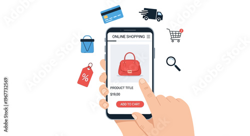 Hand holding smartphone with shopping app.