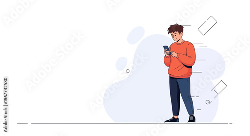 Young man in casual clothes using smartphone, modern flat illustration