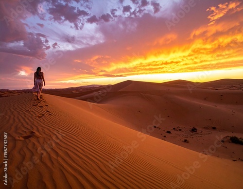 Wallpaper Mural Woman walking on desert dune at sunset, vibrant sky, vast landscape, serene journey, golden hour, tranquil scene, solitary figure, breathtaking view, natural beauty, peaceful moment. Torontodigital.ca