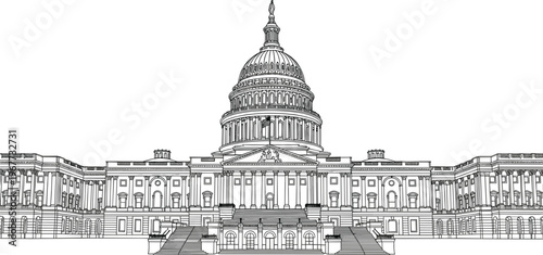 Detailed black and white line art vector illustration of the United States Capitol Building in Washington DC.