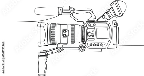 Detailed continuous line art vector illustration of a professional digital video camera with microphone for film production.