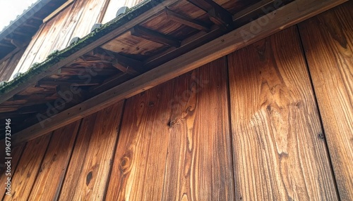 Close-up of aged wooden exterior. Sunlight casts shadows on boards and weathered roof