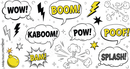 Dynamic comic book sound effects vector set featuring explosive speech bubbles lightning bolts and a cartoon bomb.