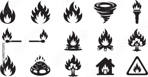 Fire icons and symbols in black and white color