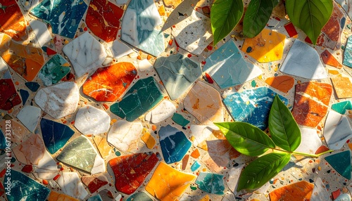 Top view of colorful mosaic tile fragments on a terrace floor with natural green leaves and sunlight shadows.