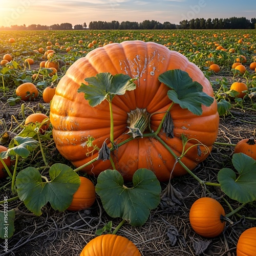 Giant Pumpkin in a Field at Sunset - Autumn Harvest.