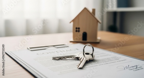 Essential elements for a successful real estate transaction house keys resting on a signed property contract next to a miniature wooden home, symbolizing homeownership and future investments