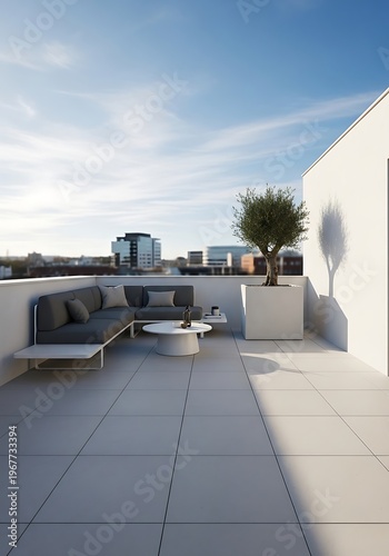 Modern urban rooftop terrace with modular sofa and cityscape background