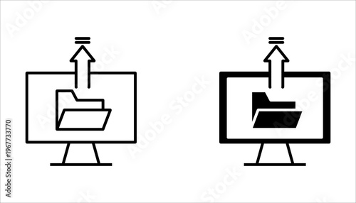 Minimal outline icon  set.of computer monitor with folder and upward arrow representing file upload, digital storage, and online document transfer.