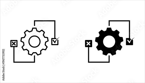 Outline icon SET. illustration of gear with checkmark and cross symbols representing workflow approval, process validation, and task management.