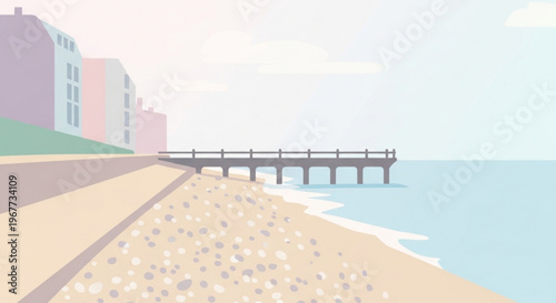 Serene beachside promenade with pier and buildings on a sunny day by the ocean
