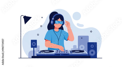 Female DJ Playing Music at Club Party Mixing Tracks with Headphone on Turntable Disc Jokey Vector Illustration